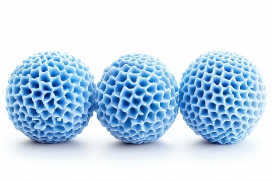 Three blue textured spheres isolated on a white background, simple 3d render with soft shadows.