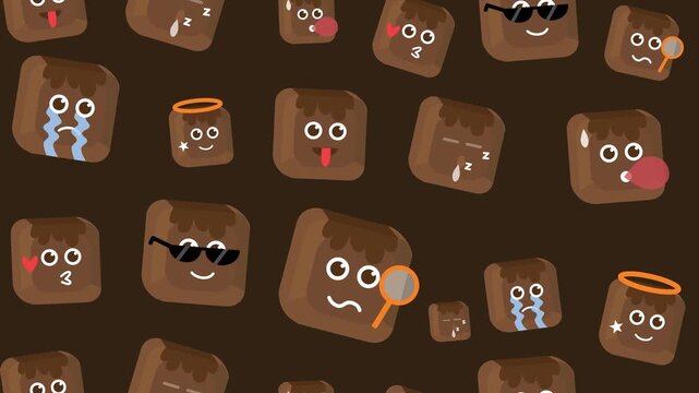 Cute chocolate cube emoticons seamless pattern on dark background animation with brown square emoji characters in different emotions wallpaper. Seamless looping.