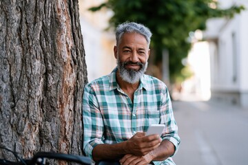 Fototapeta premium Middle aged man using smartphone outdoors leaning on a tree for social media background and banner design
