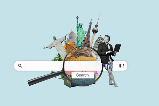 A man with a laptop stands on a big suitcases and searches for vacation, using a laptop. Isolated on free flat design background. Trip selection concept.