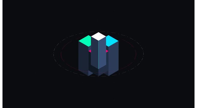 Futuristic data analytics hud interface with rotating isometric 3 d blocks animation