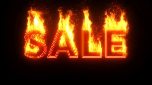 Slow zoom of sale text engulfed in rising flames on black background, burning neon letters in studio close up for promotional advertising and visual effect