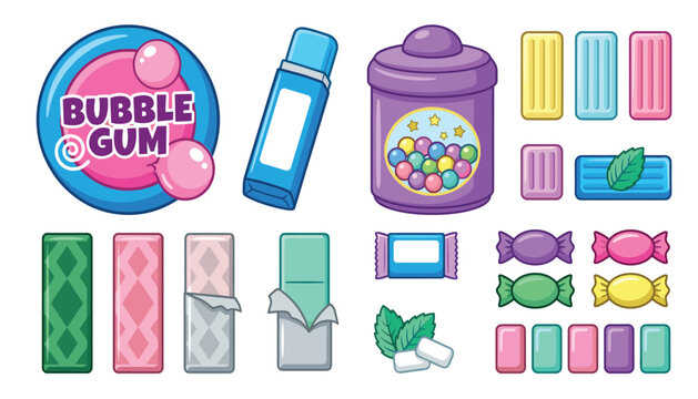 Bubble gum candy sweets collection vector illustration set. Gumball jar, foil wrapping, mint pads, sticks, tape logo and confectionery.
