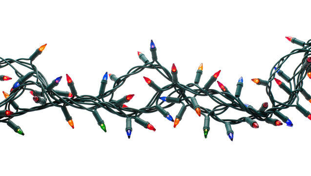 Isolated tangled string of classic colorful Christmas lights ready for festive holiday decoration