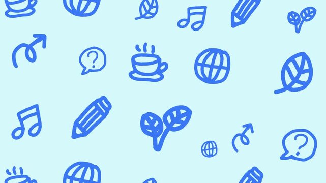Hand-drawn blue doodle icons on a cute seamless pattern background of everyday lifestyle wallpaper line art. Seamless looping.