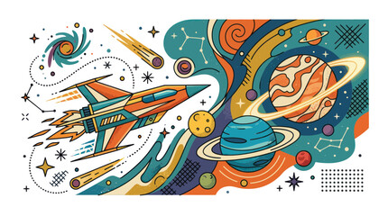 Retro Rocket Ship Flying Through Colorful Cosmic Galaxy with Planets and Stars © Yaskur