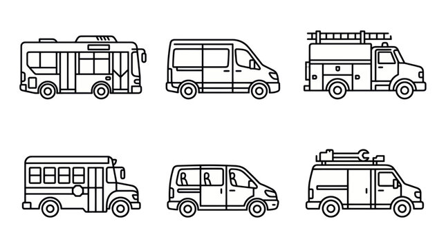 Set of Line Art Icons: City Bus, Van, Fire Truck, School Bus, Camper Van, Service Van