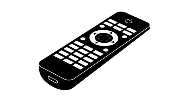 Minimal black silhouette icon, simple flat vector, bold black shape, no, no shading black remote control icon for television or media player device on a, flat icon style