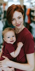 Fototapeta premium Smiling young mother holding baby in matching burgundy shirts for family lifestyle background and parenting banner or childcare design