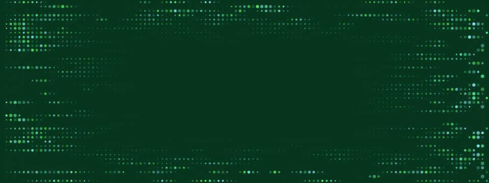 Dark Green Digital Halftone Border Background with Glowing Pixel Dots for Technology and Cyber Security Presentations