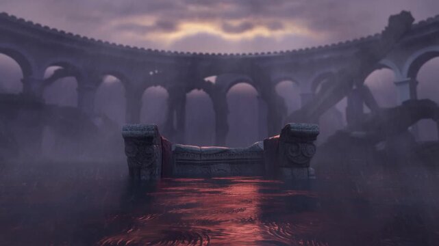Slow tracking dolly shot of stone bench submerged and reflecting in flooded ancient colonnade courtyard at dusk with rain and mist