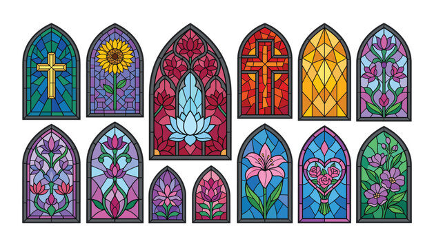 Stained glass cathedral window vector illustration set. Church cross, floral patterns, lotus, sunflower, lilies, roses and gothic arches.
