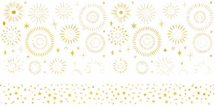 Gold starburst and confetti pattern on a white background