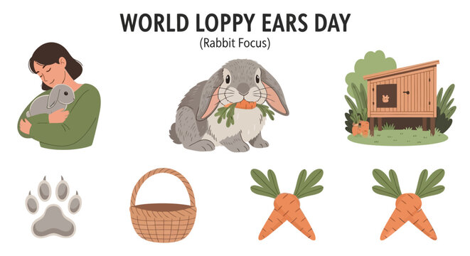 A graphic featuring a person holding a rabbit a rabbit eating a carrot a hutch paw print basket and carrots