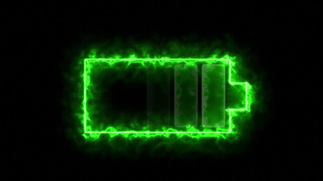 Neon green fire glowing battery charging icon. Charger, running from low to full cell phone battery. Glowing neon line Battery icon animated video