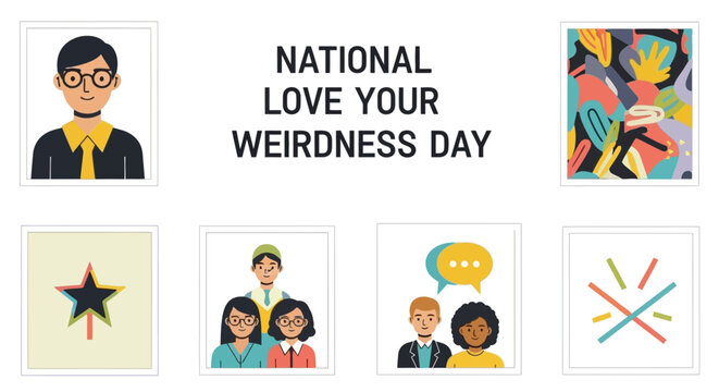 A graphic featuring NATIONAL LOVE YOUR WEIRDNESS DAY text surrounded by six illustrated panels depicting people patterns and symbols