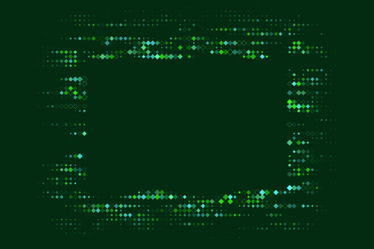 Digital Green Pixel Frame Border with Glowing Geometric Diamond Shapes for Technology Backgrounds and Data Concepts