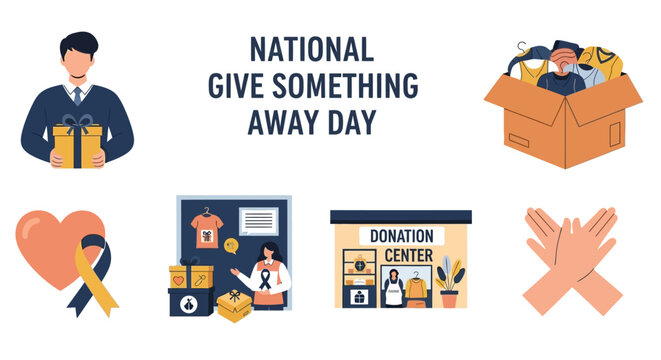 A graphic featuring a man with a gift a box of clothes a heart a donation center and hands in a cross gesture