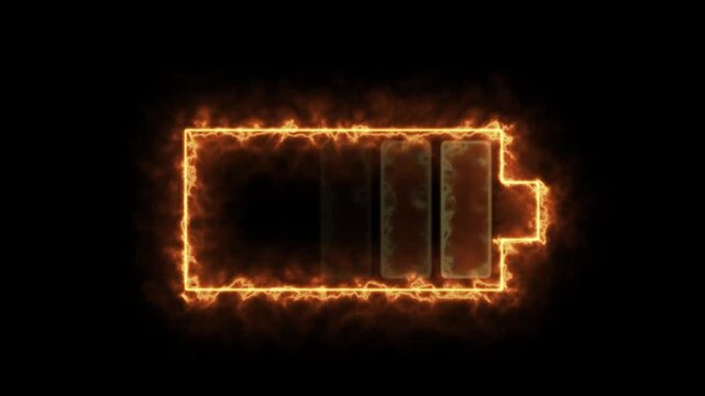 Neon red fire glowing battery charging icon. Charger, running from low to full cell phone battery. Glowing neon line Battery icon animated video