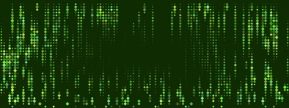 Digital Matrix Rain Background with Green Geometric Diamond Particles for Cyber Security and Data Technology Concepts