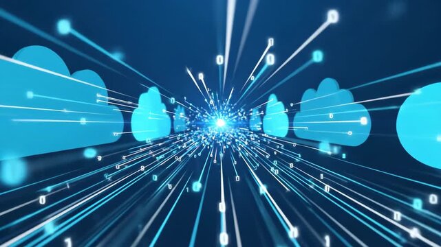 Digital data flow with blue cloud shapes and binary code streams converging towards a bright center in a futuristic abstract environment