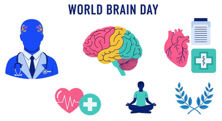 Fototapeta premium Graphic art for World Brain Day featuring a doctor icon a colorful brain illustration medical symbols and a person meditating