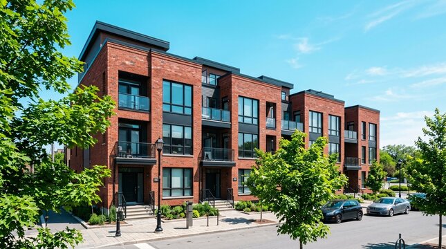 Modern urban townhouses feature striking red brick facades and dark charcoal window frames under a clear cyan sky with green leafy trees.