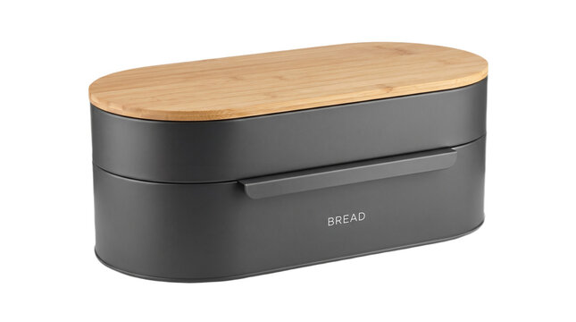 Bread Bin, Storage Box, Minimalist matte charcoal gray metal bread bin box, isolated on transparent background