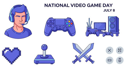 Illustrated gaming icons for National Video Game Day on July 8 featuring a gamer controllers and consoles © Agung