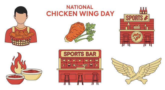 Icons related to National Chicken Wing Day featuring food sports bars and stylized wing motifs in a flat style