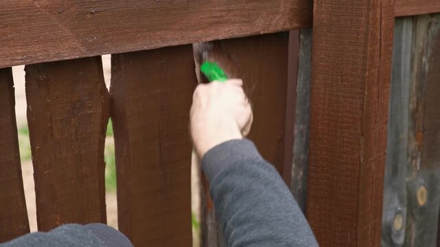 Brown oil for protection of wood by staining. Painting fence for protecting and pests. Woodworker applying finish to pine deck board. Repairman varnishing with brush wooden fencing wall plank surface.