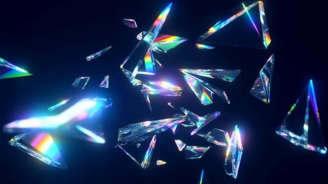 Slow motion tracking shot of glass shards exploding and floating outward with colorful prism refractions against dark studio space high contrast black background
