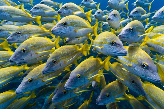School of yellow and blue cheeked jackfish swims together. They move in tight formation through clear blue water