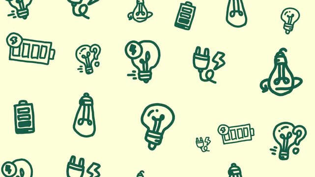 Hand-drawn green energy and idea doodle icons seamless pattern on abstract background animation for sketch ecology line art wallpaper concept. Seamless looping.