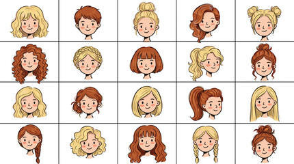 Cute cartoon girl avatars with diverse hairstyles and hair colors hand drawn doodle female faces character design set vector illustration