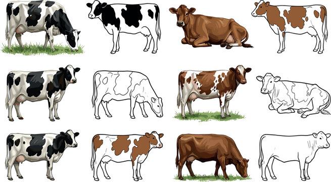 Collection of realistic dairy cow illustrations featuring standing grazing and resting cattle in hand drawn farm animal vector set