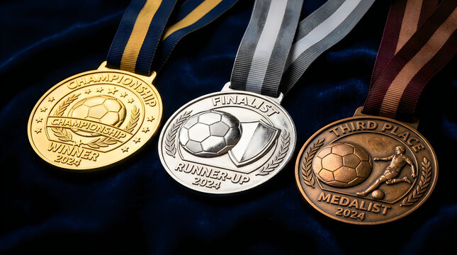 Three soccer medals labeled Championship Winner, Finalist Runner-Up, and Third Place Medalist 2024.