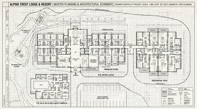 Alpine crest lodge and resort master planning and architectural schematic floor plan