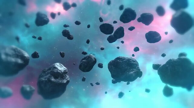 Tracking shot of asteroid field drifting forward past tumbling boulders with glowing pink teal nebula background in deep outer space