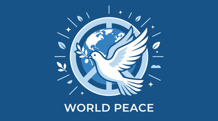 Naklejka premium World peace concept illustration with a white dove holding an olive branch in front of a peace symbol and earth globe on blue background