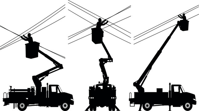 Power line technician silhouette set working on high voltage electrical cables from bucket boom truck utility maintenance vector illustration