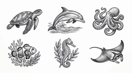 Marine life set in vintage engraving style with sea creatures © yati
