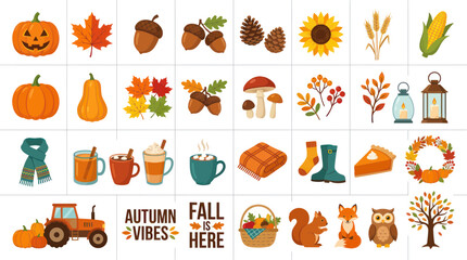 Cozy autumn season sticker set with pumpkins leaves and animals © yati
