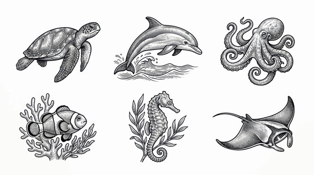 Marine life set in vintage engraving style with sea creatures