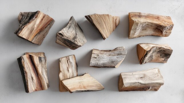 Assorted pieces of split firewood arranged against a light textured background viewed from directly above.