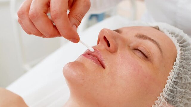 Cosmetologist applies moisturizing lip gloss on woman lips with cotton applicator in beauty clinic. Female client relaxes after facial treatment during lip care, hydration and fuller effect session.