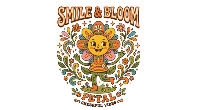 Happy retro flower character with smile and bloom positive quote