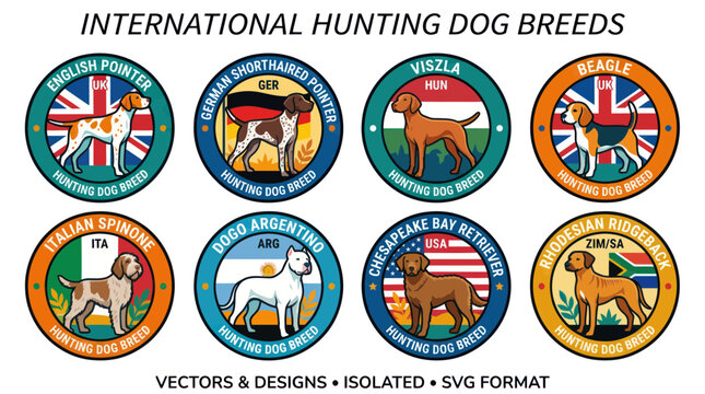 International hunting dog breeds with national flags circular badges