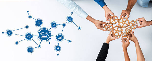 Obraz premium A visual representation of teamwork in a business setting, showcasing hands assembling gears with network icons to symbolize collaboration and innovative strategies for growth. Amity