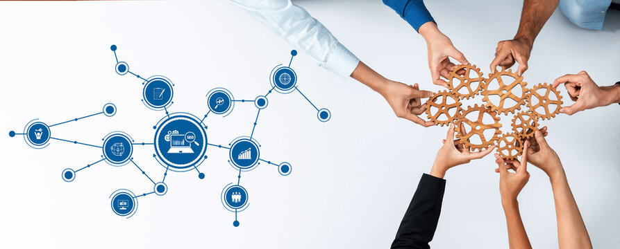A visual representation of teamwork in a business setting, showcasing hands assembling gears with network icons to symbolize collaboration and innovative strategies for growth. Amity